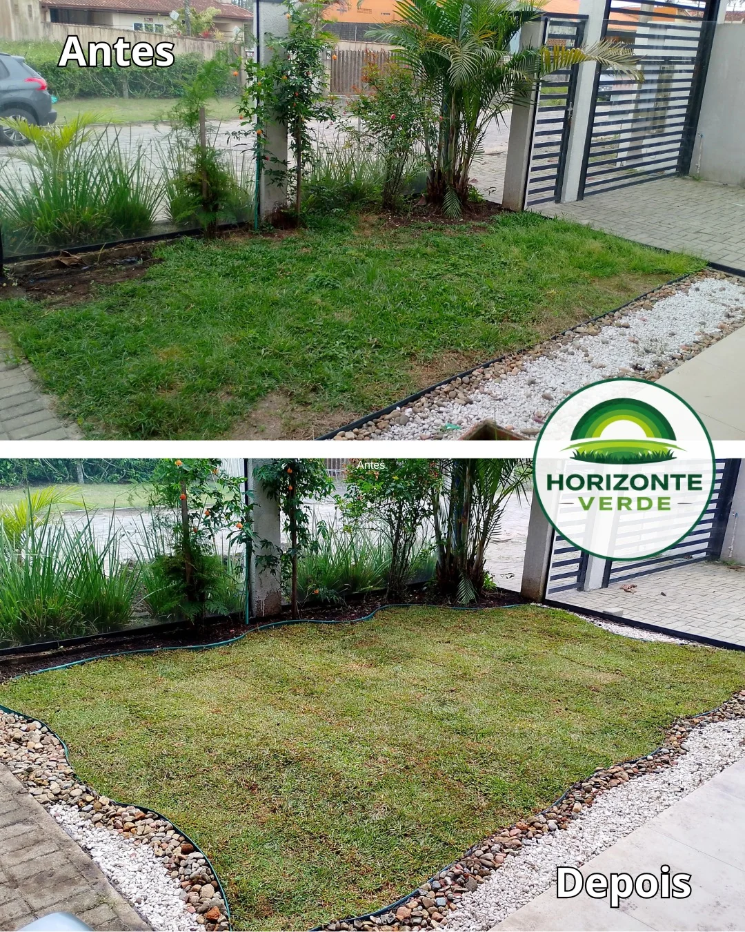 Antes e depois da revitalização de um jardim com gramado e pedras decorativas